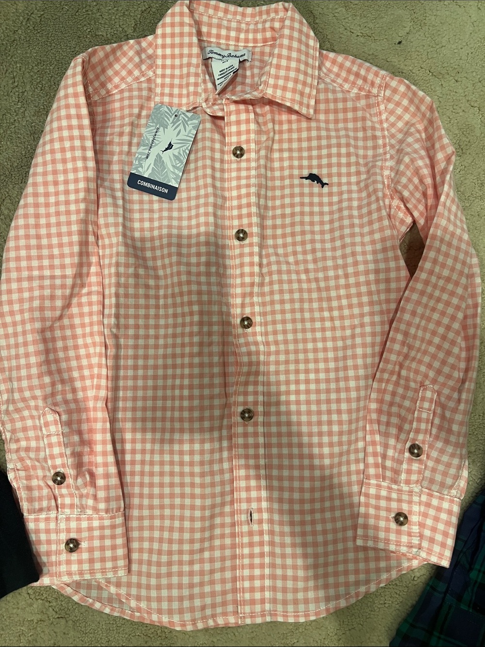 Tommy Bahama Boys' Coral Pink Gingham Button-Down Shirt. Size M (7-8)